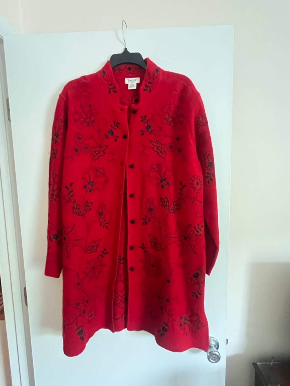 Cambridge Dry Goods Red Coat with Black Floral Embroidery